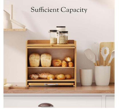 Wholesale Custom FSC Bamboo Bread Box | 2-Layer Kitchen Countertop Food Storage Organizer with Pull-Out Cutting Board