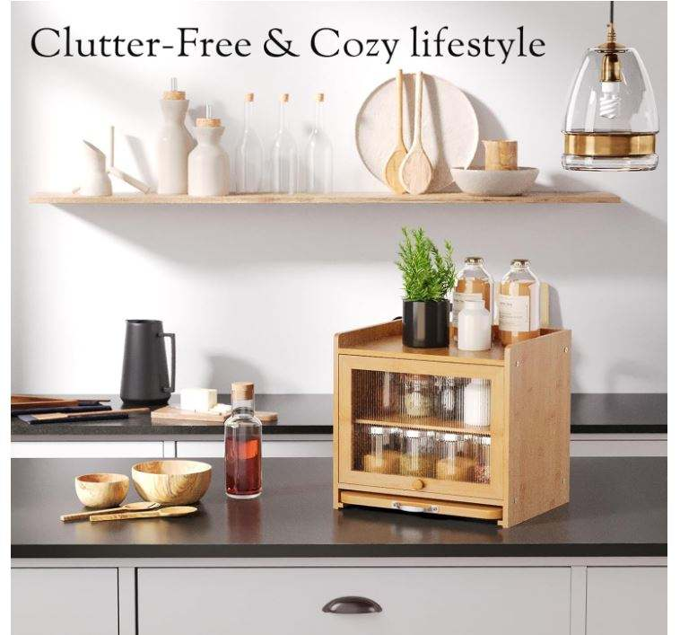 Wholesale Custom FSC Bamboo Bread Box | 2-Layer Kitchen Countertop Food Storage Organizer with Pull-Out Cutting Board