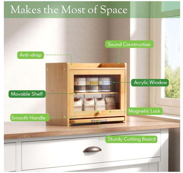 Wholesale Custom FSC Bamboo Bread Box | 2-Layer Kitchen Countertop Food Storage Organizer with Pull-Out Cutting Board