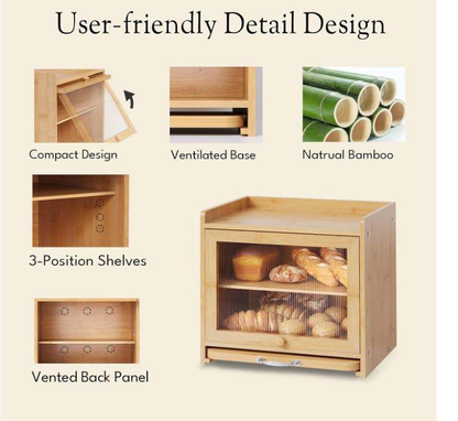 Wholesale Custom FSC Bamboo Bread Box | 2-Layer Kitchen Countertop Food Storage Organizer with Pull-Out Cutting Board