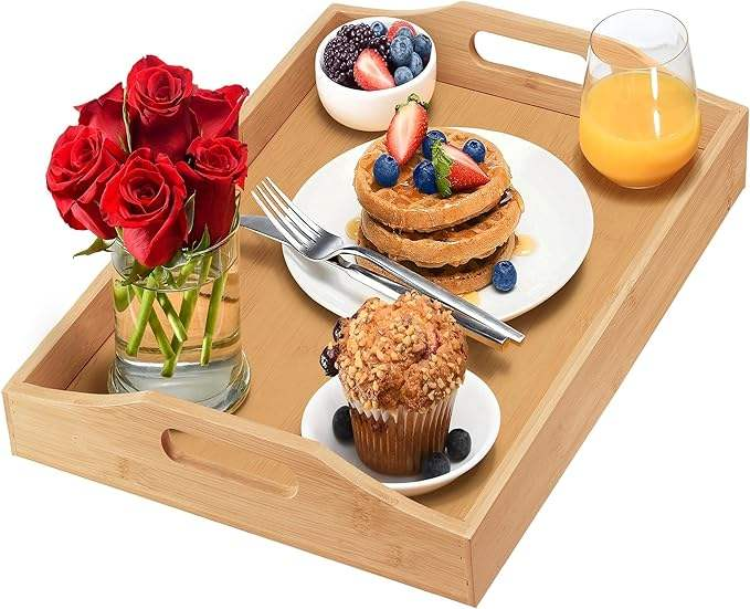 Bamboo Ottoman Serving Tray with Large Handles | Multipurpose Breakfast Coffee Tea Food Tray for Bed Couch Bar Party Home Use