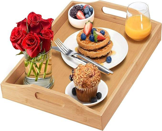 Bamboo Ottoman Serving Tray with Large Handles | Multipurpose Breakfast Coffee Tea Food Tray for Bed Couch Bar Party Home Use