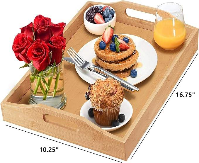 Bamboo Ottoman Serving Tray with Large Handles | Multipurpose Breakfast Coffee Tea Food Tray for Bed Couch Bar Party Home Use