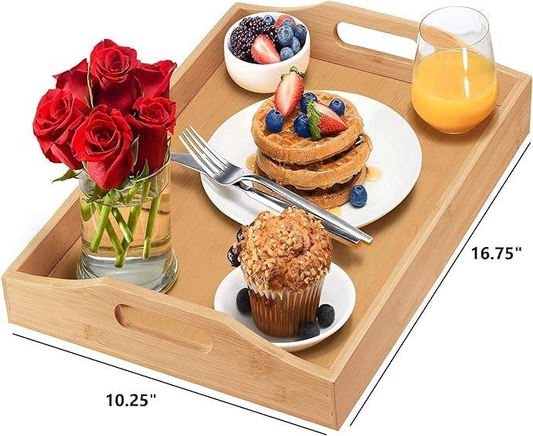 Bamboo Ottoman Serving Tray with Large Handles | Multipurpose Breakfast Coffee Tea Food Tray for Bed Couch Bar Party Home Use