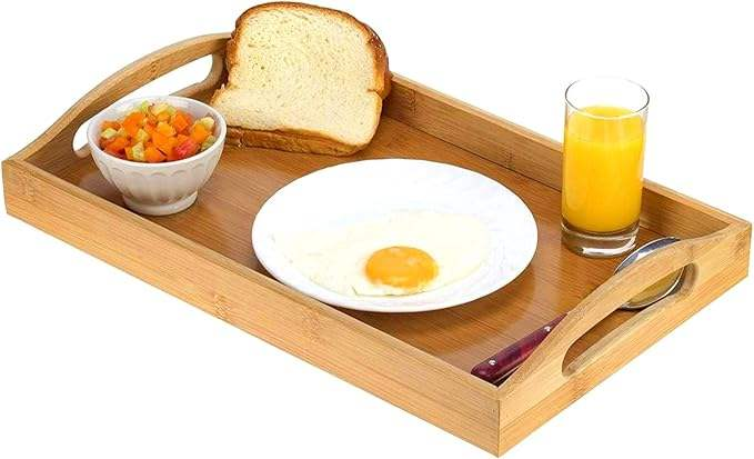 Bamboo Ottoman Serving Tray with Large Handles | Multipurpose Breakfast Coffee Tea Food Tray for Bed Couch Bar Party Home Use