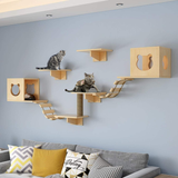 Wall-Mounted Cat Climbing Wall Set | 7-Piece Wood Cat Shelves with Scratching Post, Soft Ladder & Cat House | Wholesale OEM