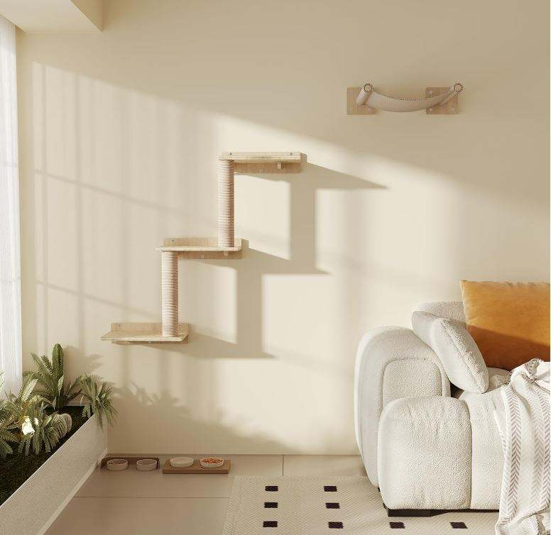 Wall-Mounted Cat Shelves with Sisal Scratching Post | 3-Step Climbing Stairs + Cat Hammock | 40 lbs Capacity | Wholesale OEM