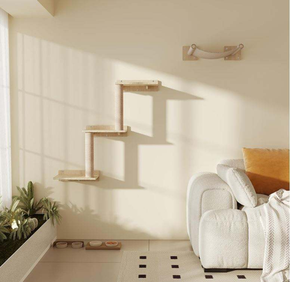 Wall-Mounted Cat Shelves with Sisal Scratching Post | 3-Step Climbing Stairs + Cat Hammock | 40 lbs Capacity | Wholesale OEM