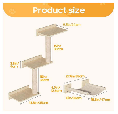 Wall-Mounted Cat Shelves with Sisal Scratching Post | 3-Step Climbing Stairs + Cat Hammock | 40 lbs Capacity | Wholesale OEM