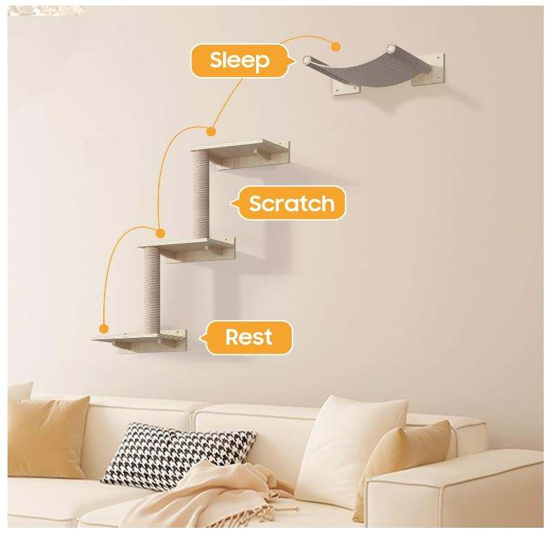 Wall-Mounted Cat Shelves with Sisal Scratching Post | 3-Step Climbing Stairs + Cat Hammock | 40 lbs Capacity | Wholesale OEM