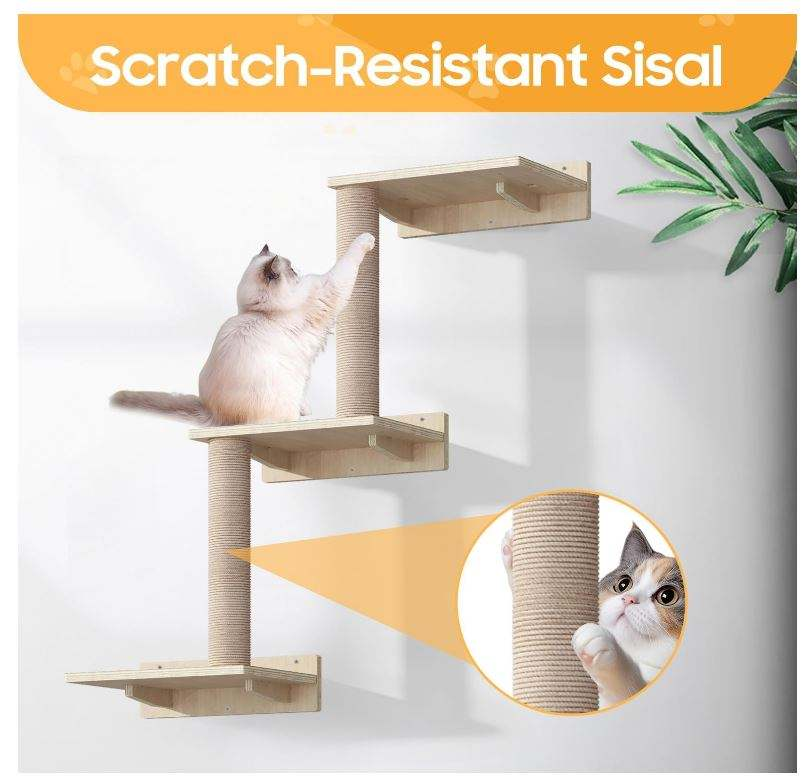 Wall-Mounted Cat Shelves with Sisal Scratching Post | 3-Step Climbing Stairs + Cat Hammock | 40 lbs Capacity | Wholesale OEM