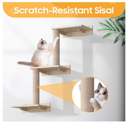 Wall-Mounted Cat Shelves with Sisal Scratching Post | 3-Step Climbing Stairs + Cat Hammock | 40 lbs Capacity | Wholesale OEM