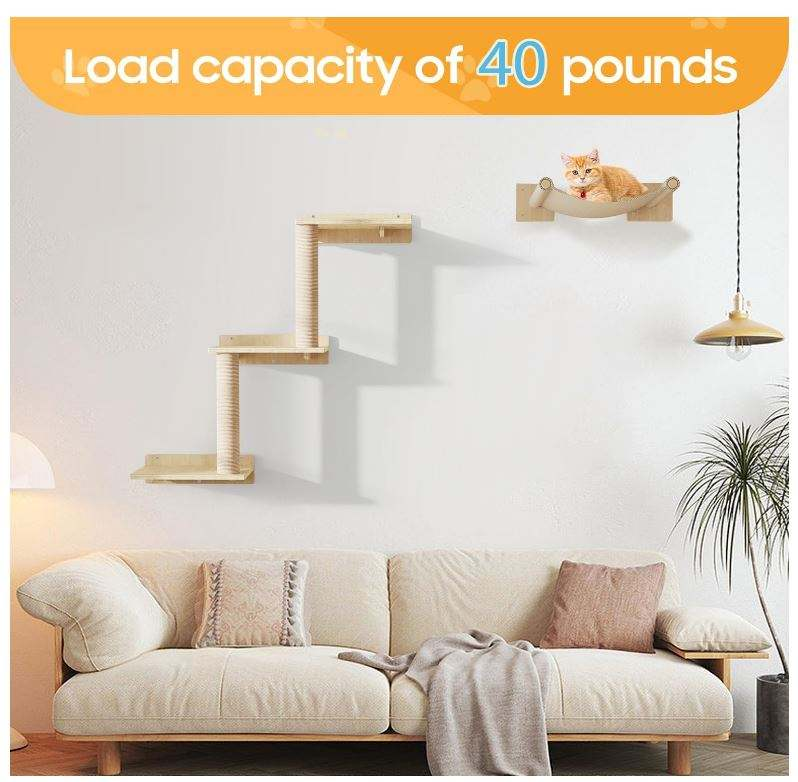 Wall-Mounted Cat Shelves with Sisal Scratching Post | 3-Step Climbing Stairs + Cat Hammock | 40 lbs Capacity | Wholesale OEM