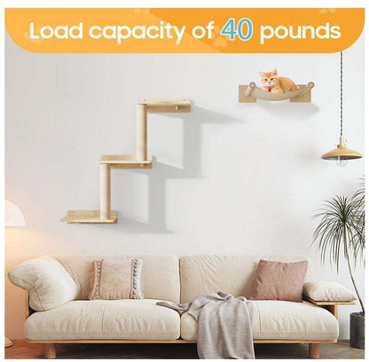 Wall-Mounted Cat Shelves with Sisal Scratching Post | 3-Step Climbing Stairs + Cat Hammock | 40 lbs Capacity | Wholesale OEM