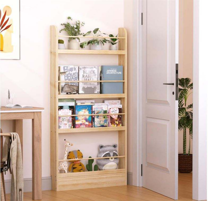 Kids Bookshelf 4-Tier Behind the Door Shelf | Slim Wall Mounted Wooden Book Rack & Storage Organizer for Children