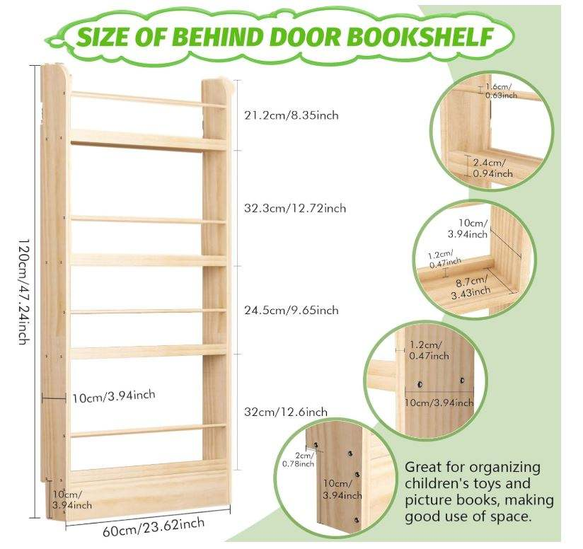 Kids Bookshelf 4-Tier Behind the Door Shelf | Slim Wall Mounted Wooden Book Rack & Storage Organizer for Children