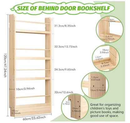 Kids Bookshelf 4-Tier Behind the Door Shelf | Slim Wall Mounted Wooden Book Rack & Storage Organizer for Children