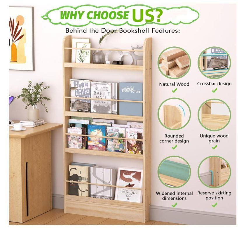 Kids Bookshelf 4-Tier Behind the Door Shelf | Slim Wall Mounted Wooden Book Rack & Storage Organizer for Children