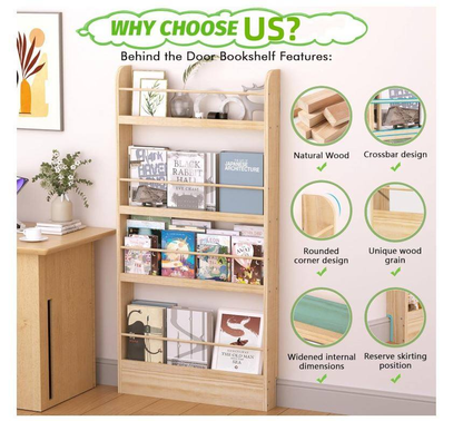 Kids Bookshelf 4-Tier Behind the Door Shelf | Slim Wall Mounted Wooden Book Rack & Storage Organizer for Children