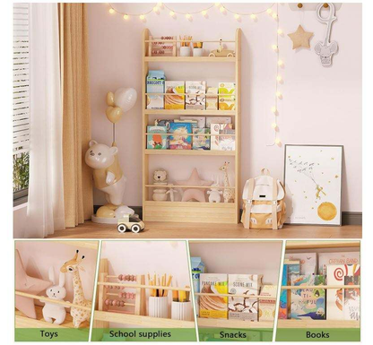 Kids Bookshelf 4-Tier Behind the Door Shelf | Slim Wall Mounted Wooden Book Rack & Storage Organizer for Children