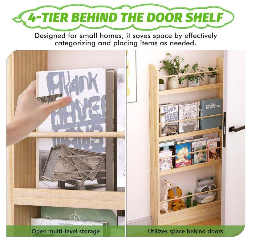 Kids Bookshelf 4-Tier Behind the Door Shelf | Slim Wall Mounted Wooden Book Rack & Storage Organizer for Children