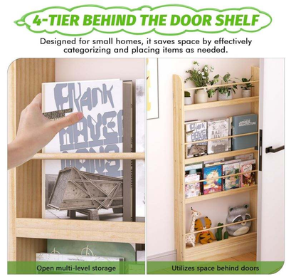 Kids Bookshelf 4-Tier Behind the Door Shelf | Slim Wall Mounted Wooden Book Rack & Storage Organizer for Children