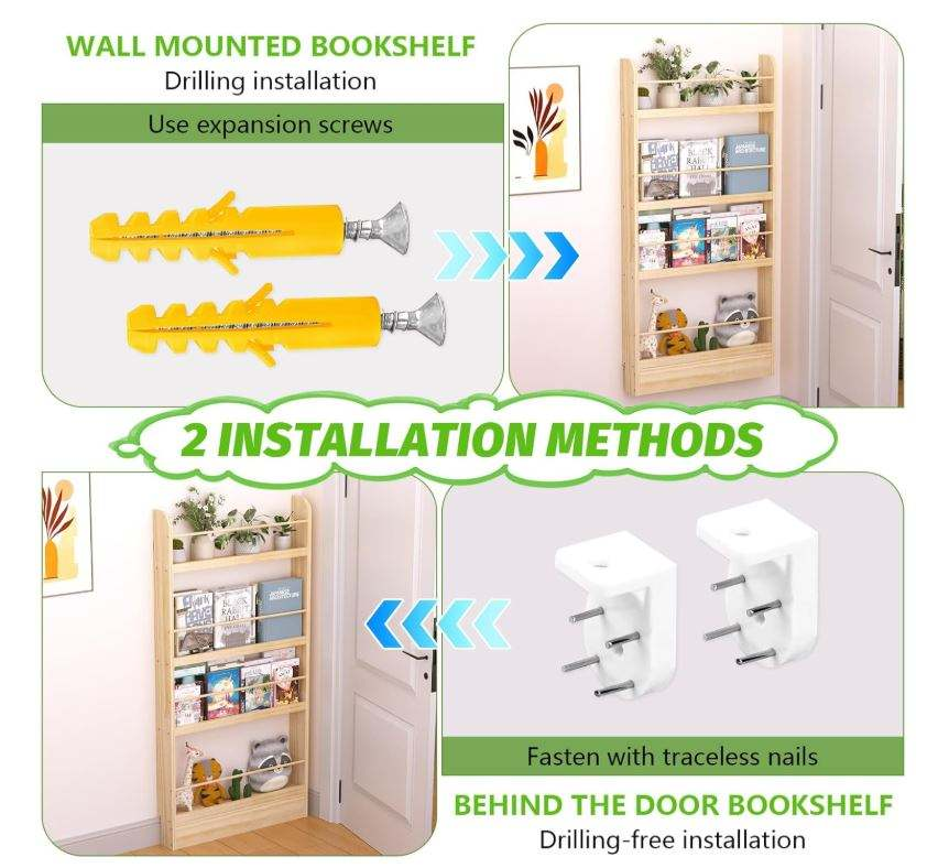 Kids Bookshelf 4-Tier Behind the Door Shelf | Slim Wall Mounted Wooden Book Rack & Storage Organizer for Children