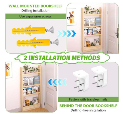 Kids Bookshelf 4-Tier Behind the Door Shelf | Slim Wall Mounted Wooden Book Rack & Storage Organizer for Children