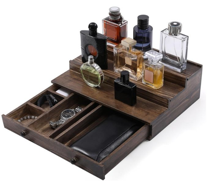 3-Tier Cologne Stand with Drawer & Hidden Compartment | Wooden Perfume Organizer Display Shelf for Men
