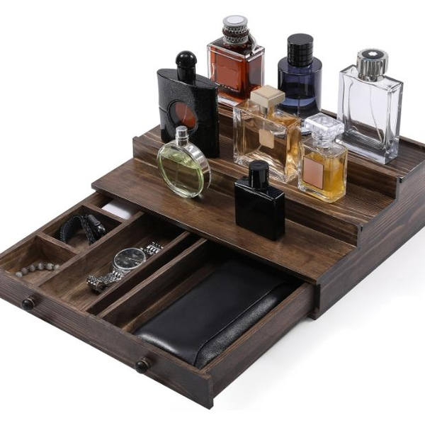 3-Tier Cologne Stand with Drawer & Hidden Compartment | Wooden Perfume Organizer Display Shelf for Men