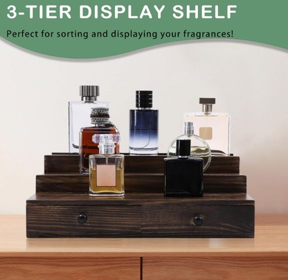 3-Tier Cologne Stand with Drawer & Hidden Compartment | Wooden Perfume Organizer Display Shelf for Men