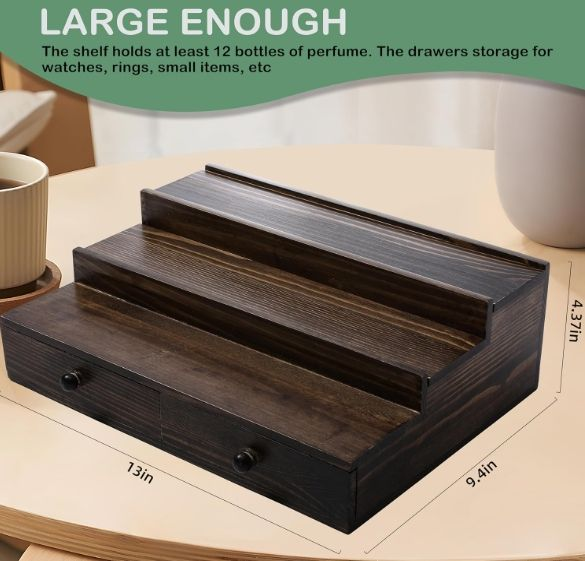 3-Tier Cologne Stand with Drawer & Hidden Compartment | Wooden Perfume Organizer Display Shelf for Men