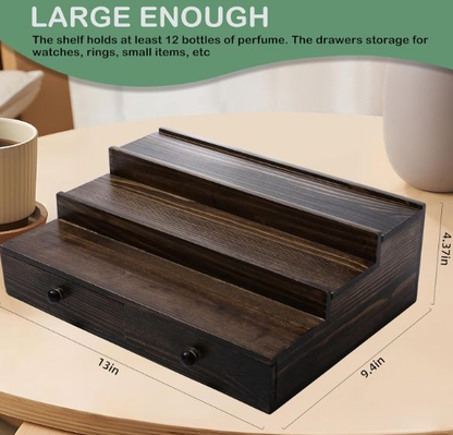 3-Tier Cologne Stand with Drawer & Hidden Compartment | Wooden Perfume Organizer Display Shelf for Men