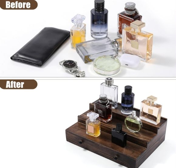 3-Tier Cologne Stand with Drawer & Hidden Compartment | Wooden Perfume Organizer Display Shelf for Men