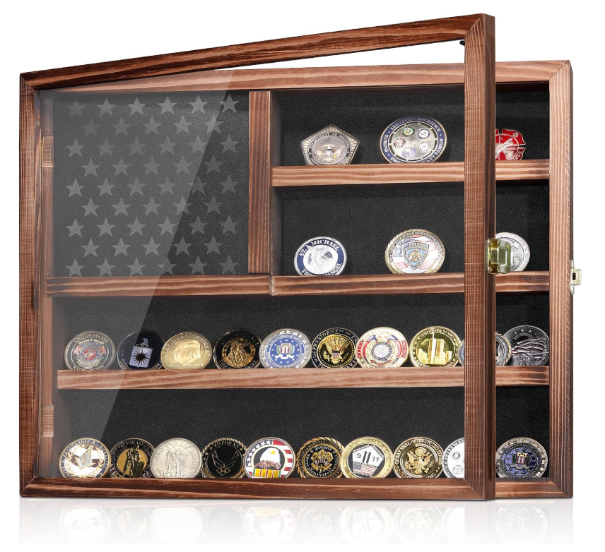 Custom Challenge Coin Display Case | Military Coin Holder Cabinet with Removable Star Board & Hidden Compartment