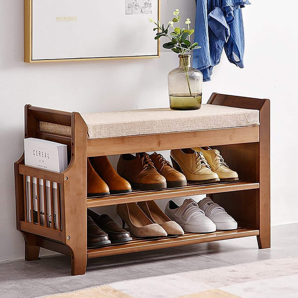 3-Layer Bamboo Shoe Rack Bench | Cushioned Entryway Storage Stool with Hidden Drawer & Side Magazine Holder