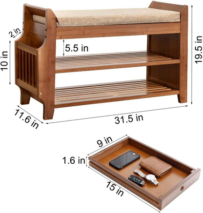 3-Layer Bamboo Shoe Rack Bench | Cushioned Entryway Storage Stool with Hidden Drawer & Side Magazine Holder