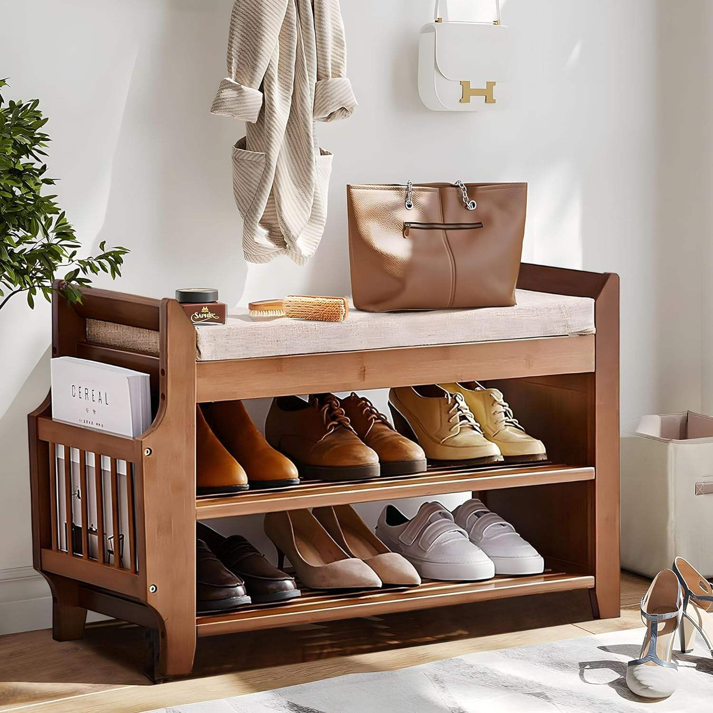 3-Layer Bamboo Shoe Rack Bench | Cushioned Entryway Storage Stool with Hidden Drawer & Side Magazine Holder