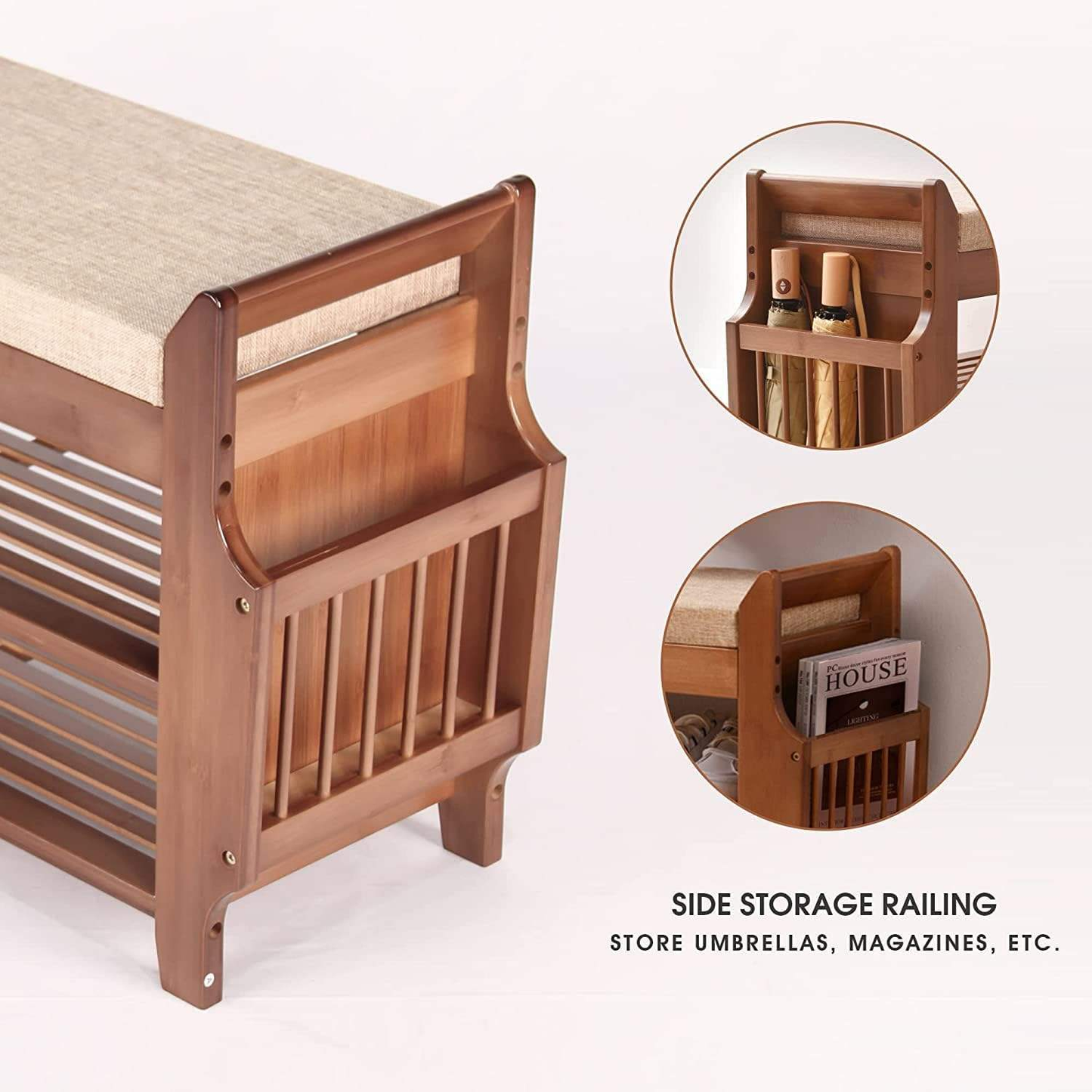 3-Layer Bamboo Shoe Rack Bench | Cushioned Entryway Storage Stool with Hidden Drawer & Side Magazine Holder