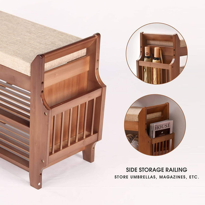 3-Layer Bamboo Shoe Rack Bench | Cushioned Entryway Storage Stool with Hidden Drawer & Side Magazine Holder