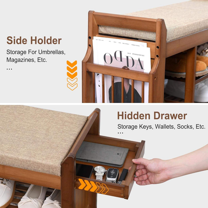 3-Layer Bamboo Shoe Rack Bench | Cushioned Entryway Storage Stool with Hidden Drawer & Side Magazine Holder