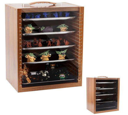 Wooden Miniature & Collectible Display Case with Metal Trays | Portable Dust-Proof Storage Cabinet with Handle