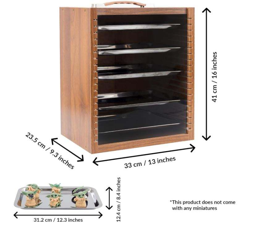 Wooden Miniature & Collectible Display Case with Metal Trays | Portable Dust-Proof Storage Cabinet with Handle