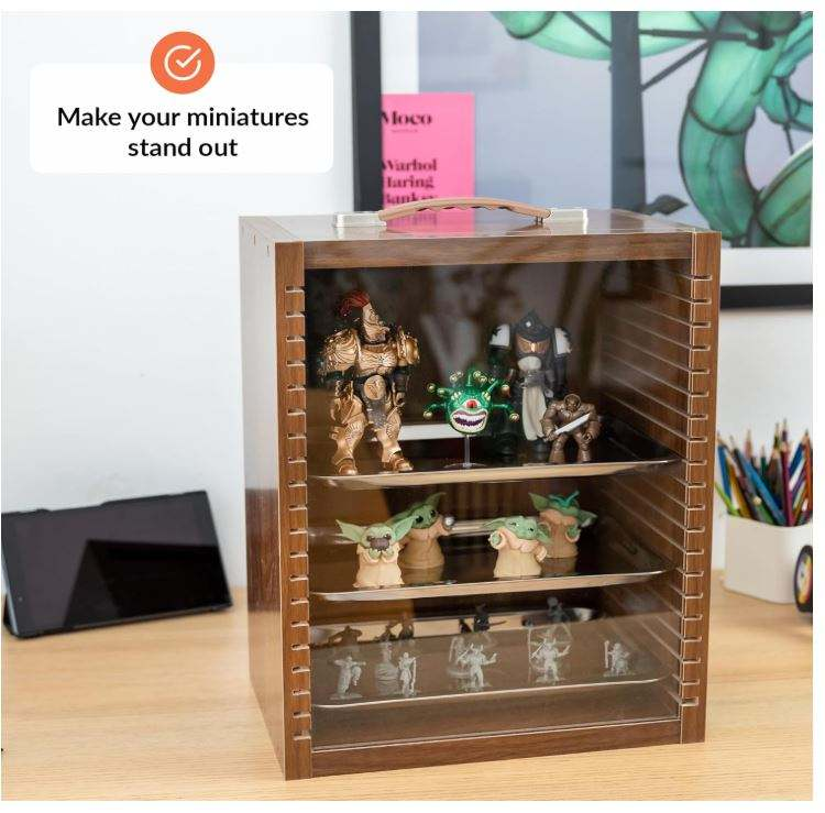Wooden Miniature & Collectible Display Case with Metal Trays | Portable Dust-Proof Storage Cabinet with Handle