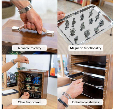 Wooden Miniature & Collectible Display Case with Metal Trays | Portable Dust-Proof Storage Cabinet with Handle