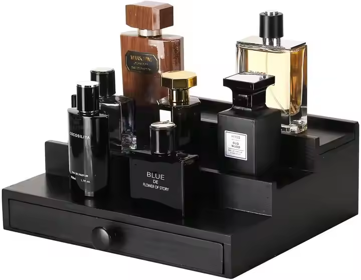 3-Tier Black Wooden Cologne Stand with Hidden Compartment & Drawer | Men's Fragrance Display Organizer