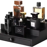 3-Tier Black Wooden Cologne Stand with Hidden Compartment & Drawer | Men's Fragrance Display Organizer