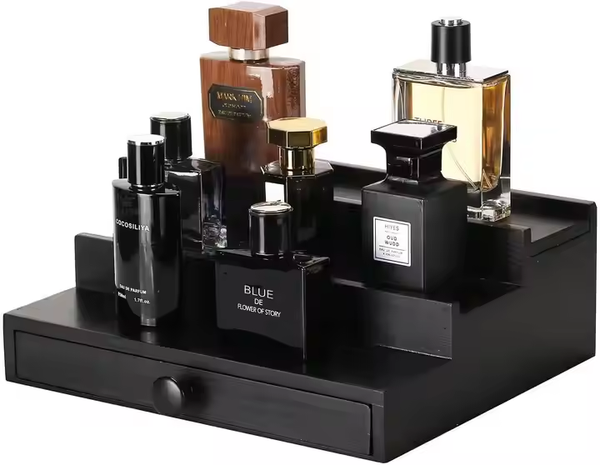 3-Tier Black Wooden Cologne Stand with Hidden Compartment & Drawer | Men's Fragrance Display Organizer