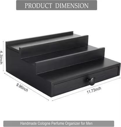 3-Tier Black Wooden Cologne Stand with Hidden Compartment & Drawer | Men's Fragrance Display Organizer