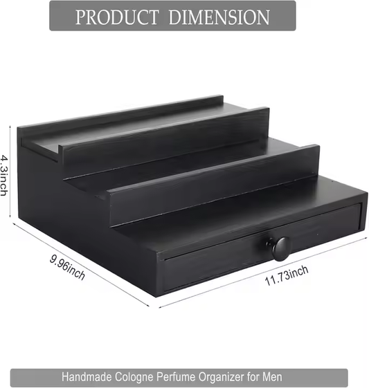 3-Tier Black Wooden Cologne Stand with Hidden Compartment & Drawer | Men's Fragrance Display Organizer